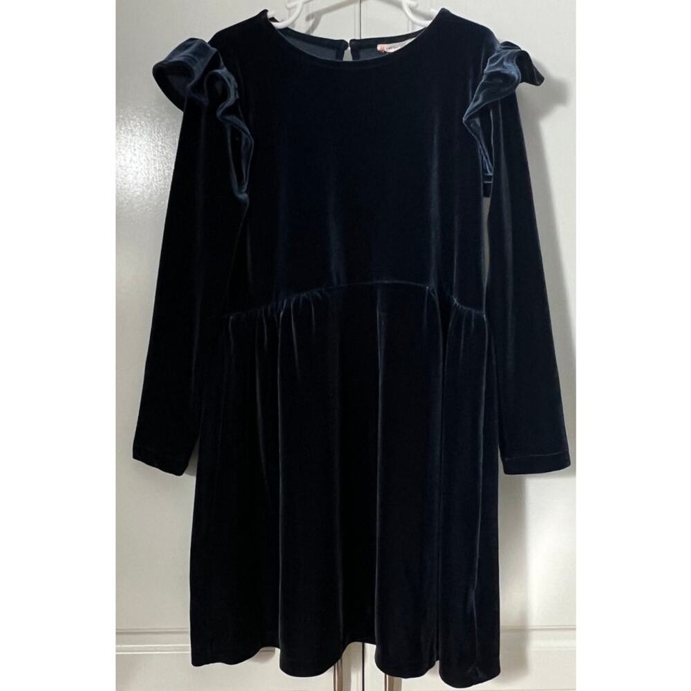 Crewcuts by J. Crew Girls Blue Velvet Dress with Ruffle at Shoulder Size 8